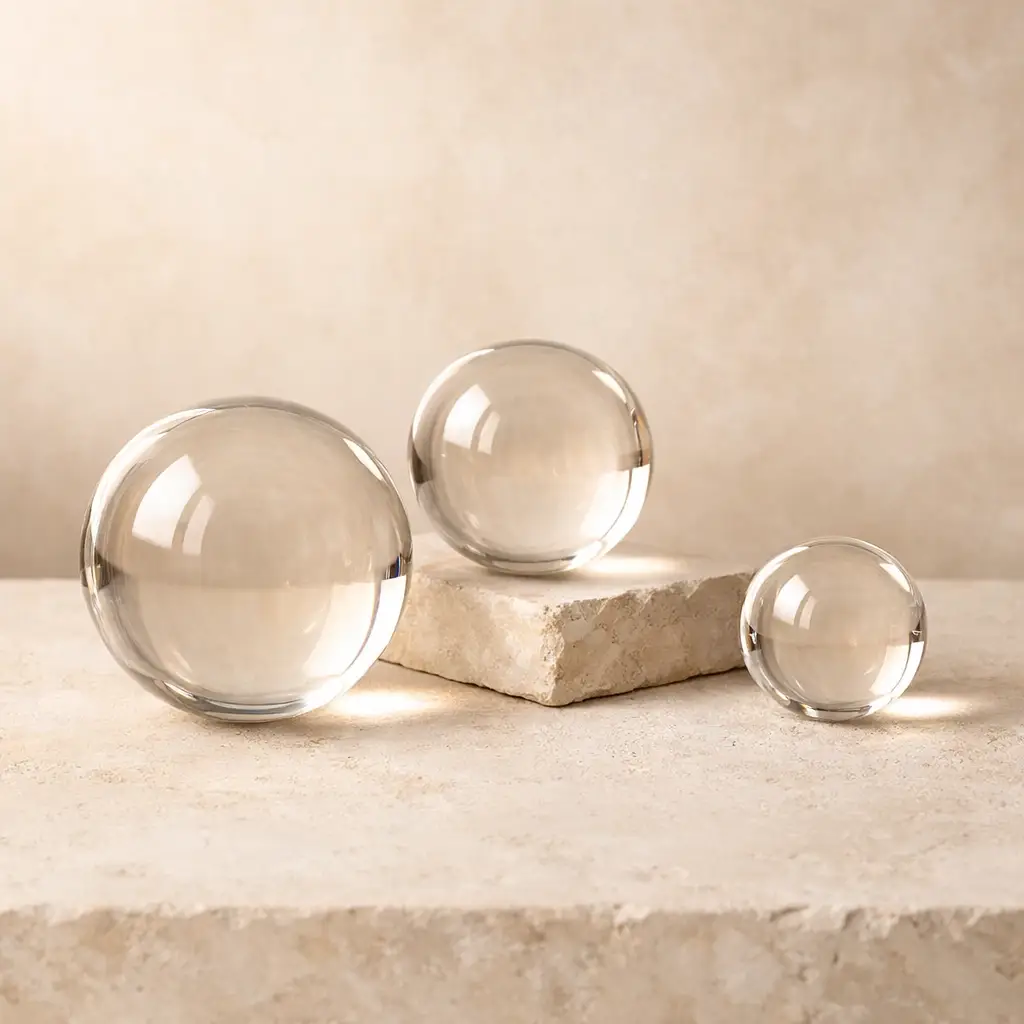 Three clear glass spheres of varying sizes arranged on a travertine stone surface and pedestal against a warm beige background