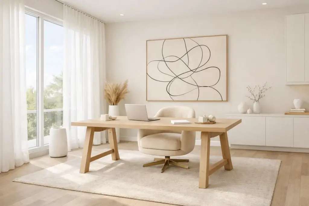 Bright minimalist home office with a natural wood desk, cream upholstered chair, laptop, pampas grass, and abstract line art, representing the clarity and flow of unconscious competence in business leadership