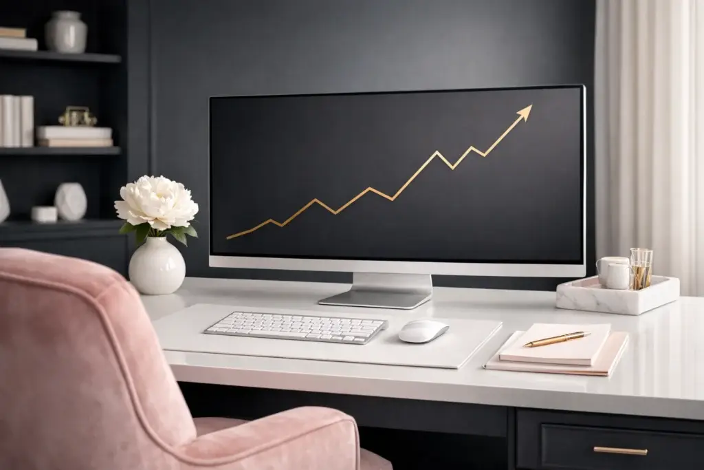 Wide monitor displaying a gold upward trending arrow chart on a dark screen, on a white desk with a pink velvet chair, white peony, notebooks, and gold pen in a styled home office