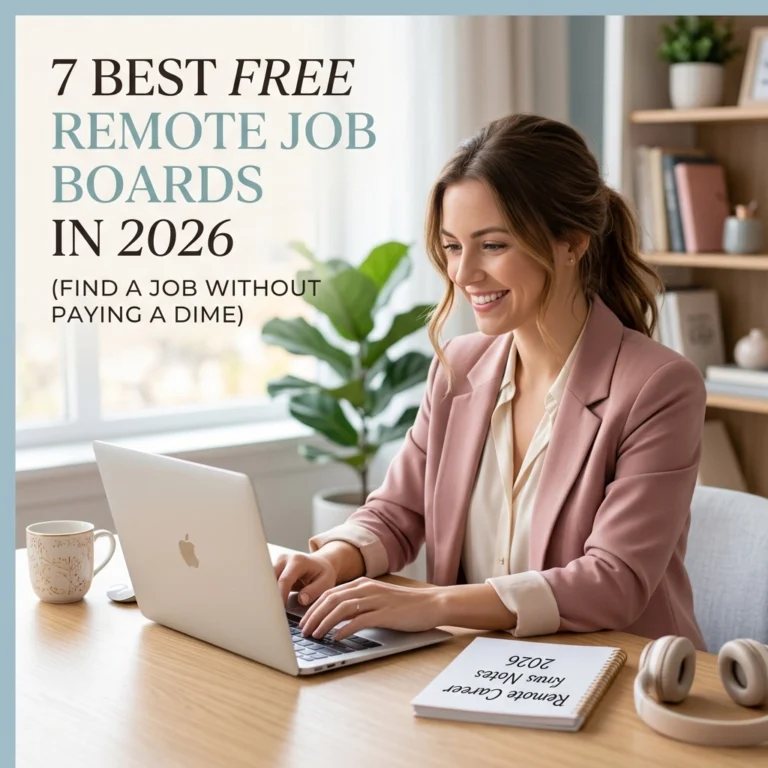 Woman searching free remote job boards on laptop in home office for remote jobs in 2026