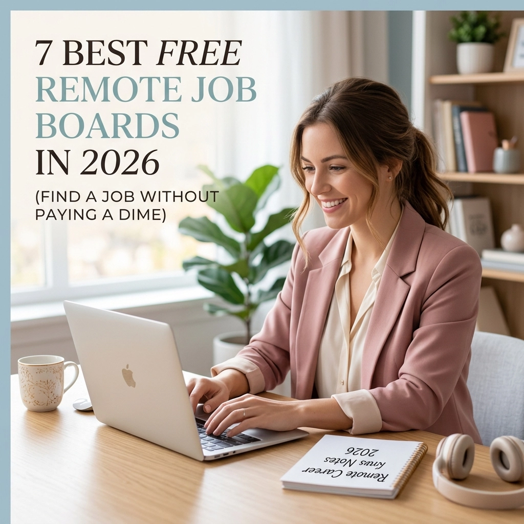 Woman searching free remote job boards on laptop in home office for remote jobs in 2026