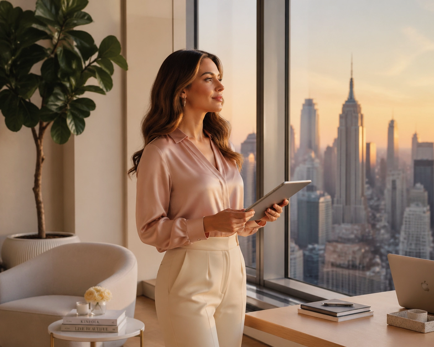 Business consultant reviewing strategy on tablet while overlooking city skyline in modern office