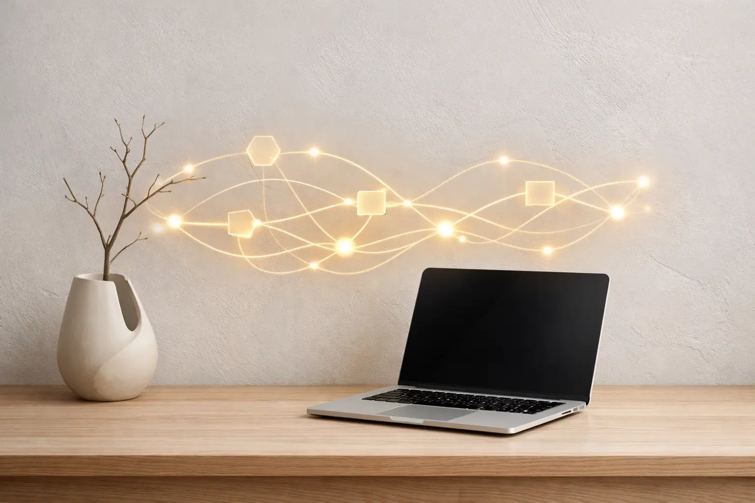 Laptop on a wooden desk with a glowing digital workflow diagram — illustrating technology automation for service business operations