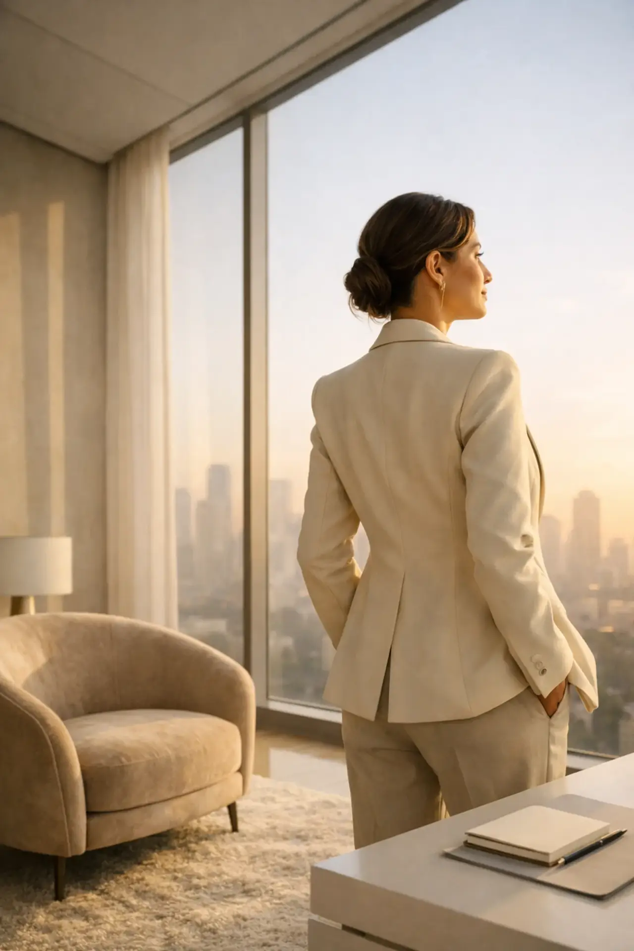 Professional woman in a tailored suit looking out over a city skyline — representing a service business owner who has built scalable operations and strategic clarity