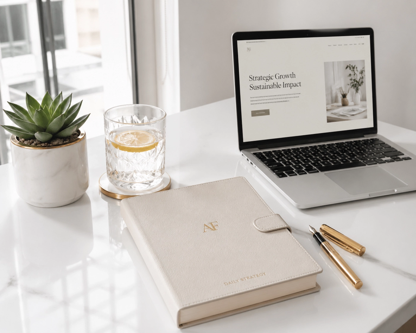 Strategic growth planning workspace with laptop, business strategy notebook, and consulting website on screen