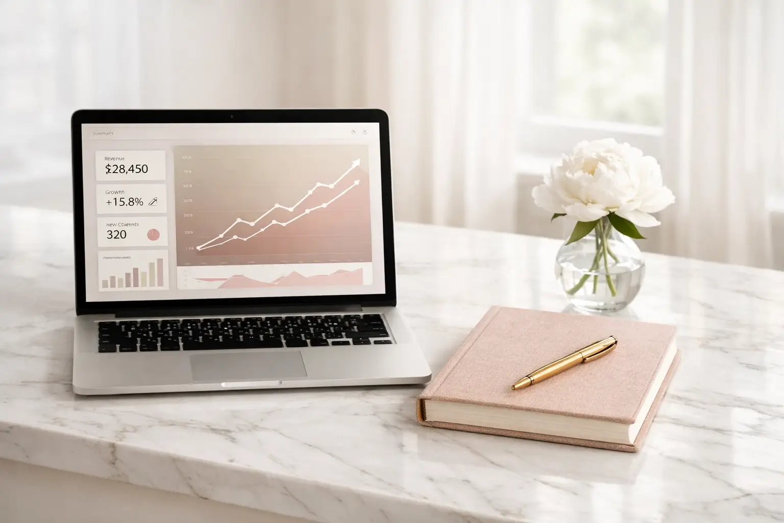Laptop displaying business performance dashboard with revenue growth chart and client metrics for a founder conducting a performance audit