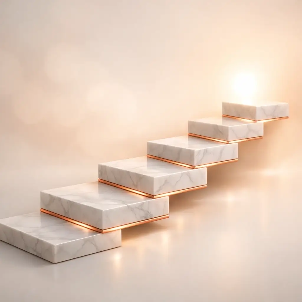 Illuminated marble steps rising toward light representing a founder's growth strategy roadmap after completing a business performance audit