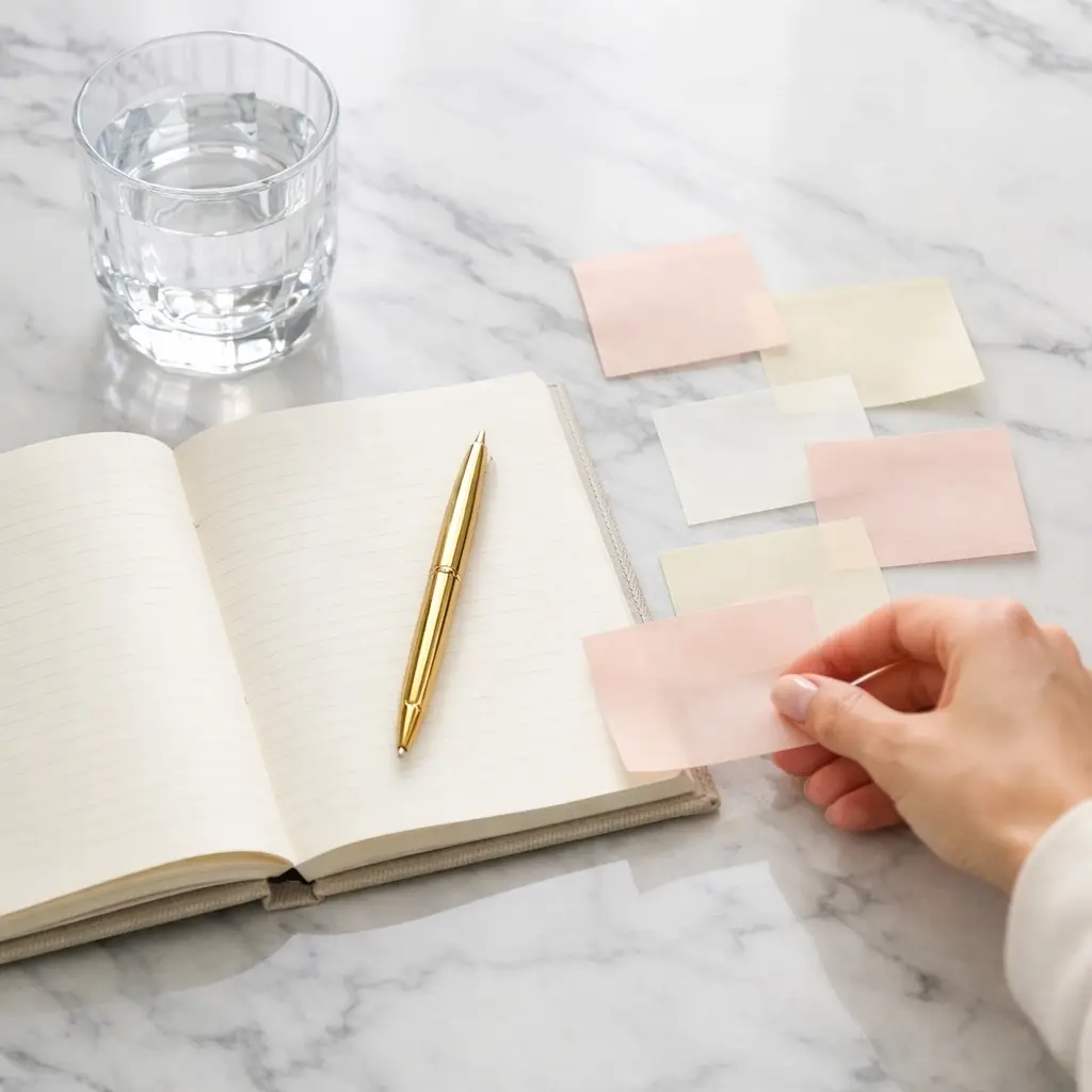 Woman organizing sticky notes beside an open notebook — mapping key business processes for operational optimization